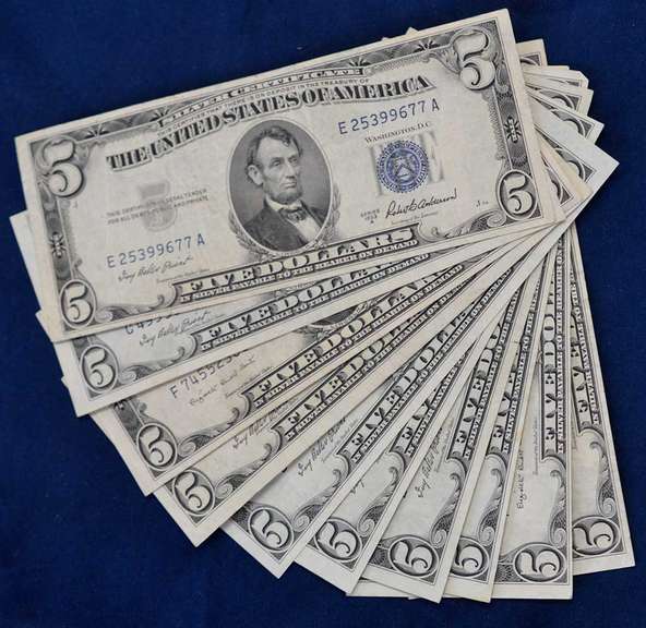 Lot Of 10 $5 Silver Certificates, Circulated.