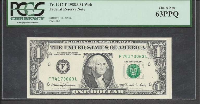 $1 1988A FRN WEB NOTE 1/1 FL BLOCK WEB PRESS PCGS Ch New 63PPQ
