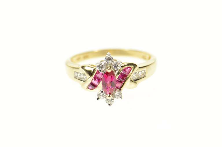 10K Yellow Gold Marquise Syn. Ruby CZ Classic Statement Ring