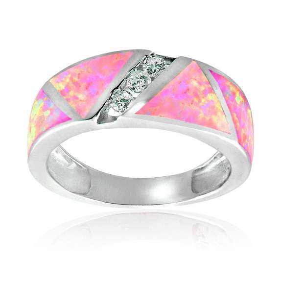 Sterling Silver Created Pink Opal & Cubic Zirconia Band Ring,