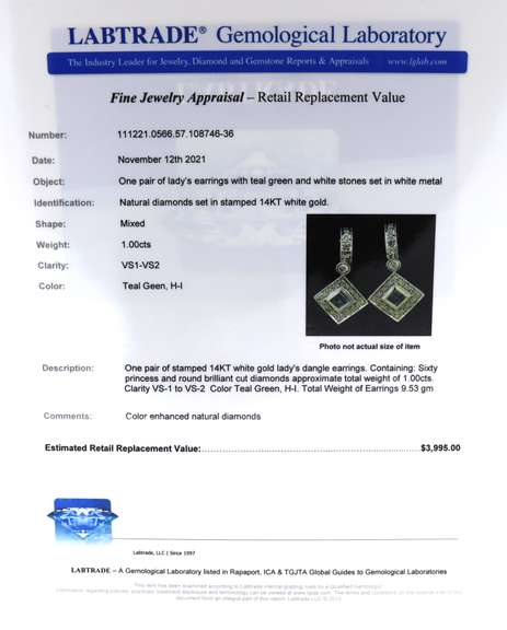 Stunning White Gold Teal Green Diamond Dangle Earrings