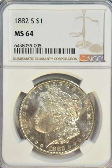 Blazing near Gem BU 1882-S Morgan Silver Dollar. NGC MS64
