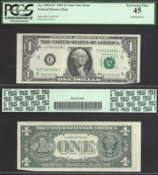 $1 1969 FRN Unique cutting error on a Star Note PCGS XF 45