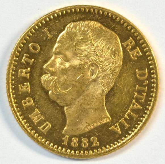 Gem Prooflike BU 1882 Italy 20 Lire Gold Piece. Gorgeous