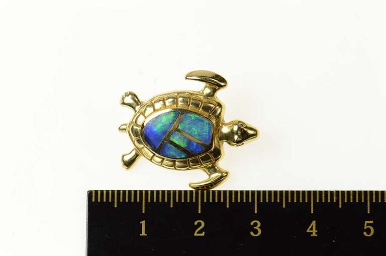 14K Yellow Gold Black Opal Inlay Ornate Sea Turtle Pendant