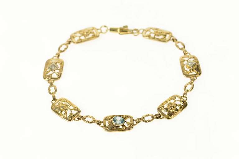 14K Yellow Gold Retro Etched Floral Blue Topaz Squared Link Bracelet