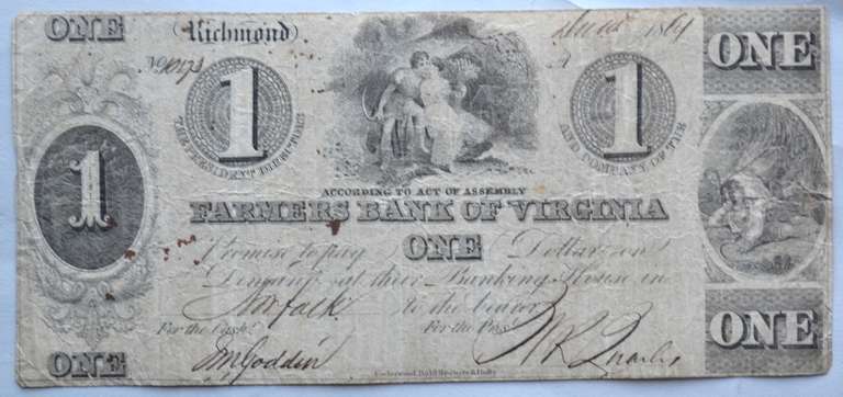 $ 1 Farmers Bank of Richmond VA LoversDec 1 1861 Note