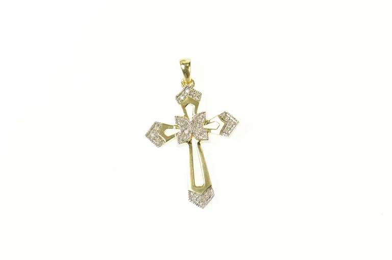 10K Yellow Gold Ornate Diamond Inset Cross Christian Faith Pendant