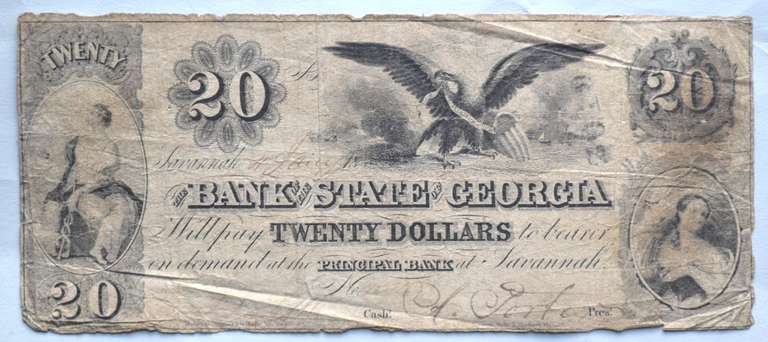 $ 20 State Of Georgia Savannah 1850 Era Note