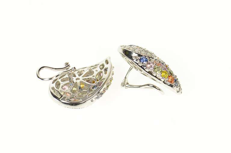 18K White Gold 5.26 Ctw Sapphire Tourmaline Diamond Tear Clip Earrings