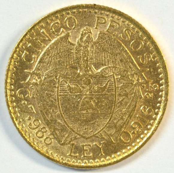 Scarce BU 1913 Colombia 5 Pesos Gold Piece