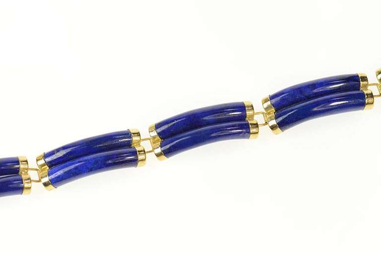 14K Yellow Gold Carved Lapis Lazuli Bar Chinese Happiness Bracelet