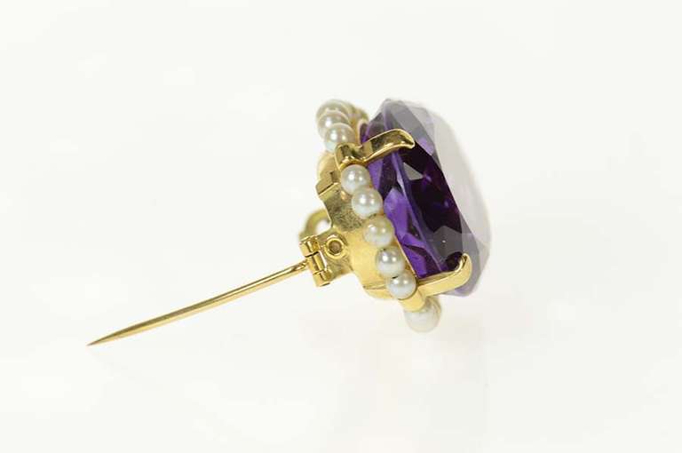 18K Yellow Gold Amethyst Pearl Halo Victorian Statement Pin/Brooch