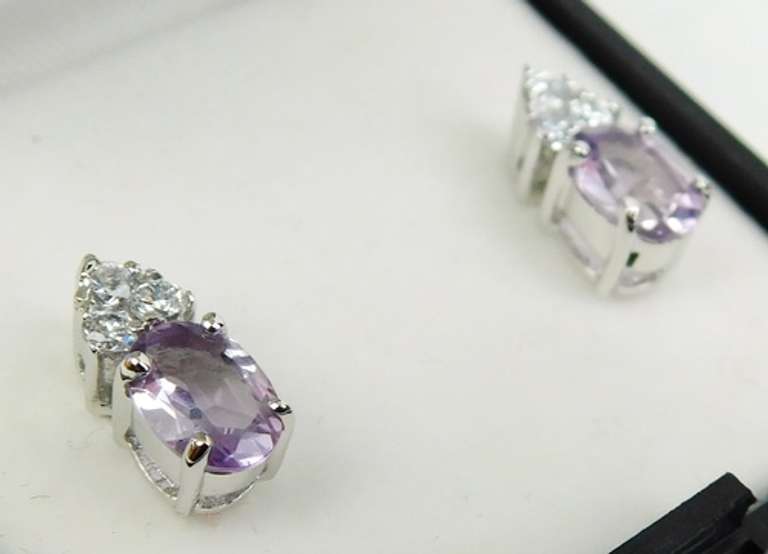 Pretty Sterling Amethyst & CZ Stud Earrings