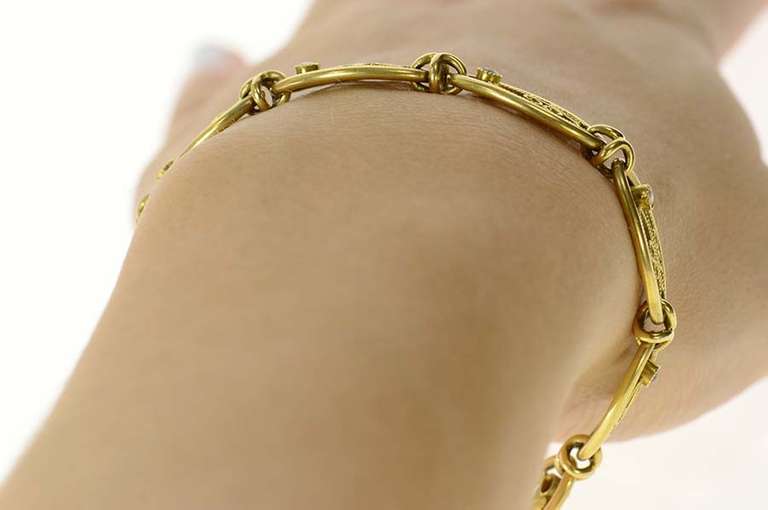 14K Yellow Gold Elaborate Retro Garnet Pearl Filigree Chain Bracelet