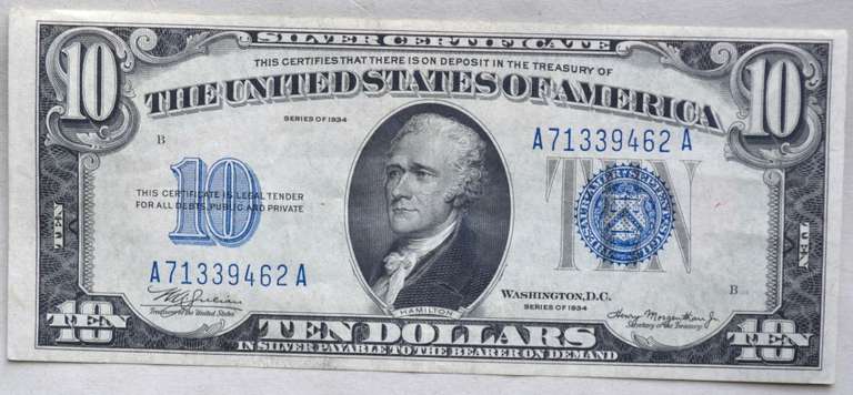$ 10 1934 Mule Silver Near Unc Certificate