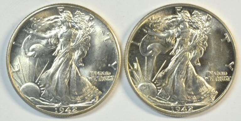 Sparkling-white Gem BU 1942 & 1943 Walking Liberty Half Dollars