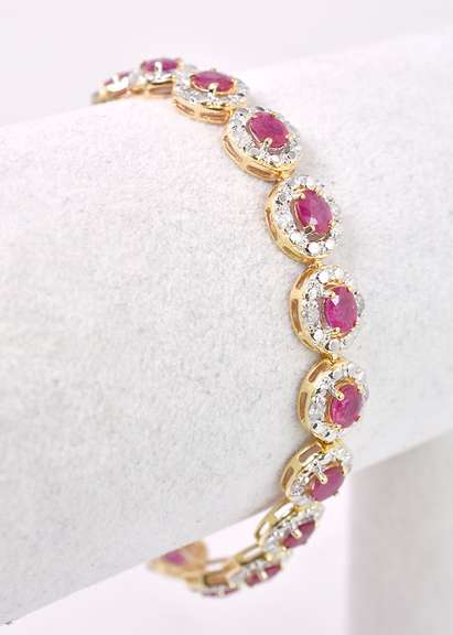 Elegant 7.99CTW Ruby and 1.42CTW Diamond Braceled in Gold Plated Sterling Silver