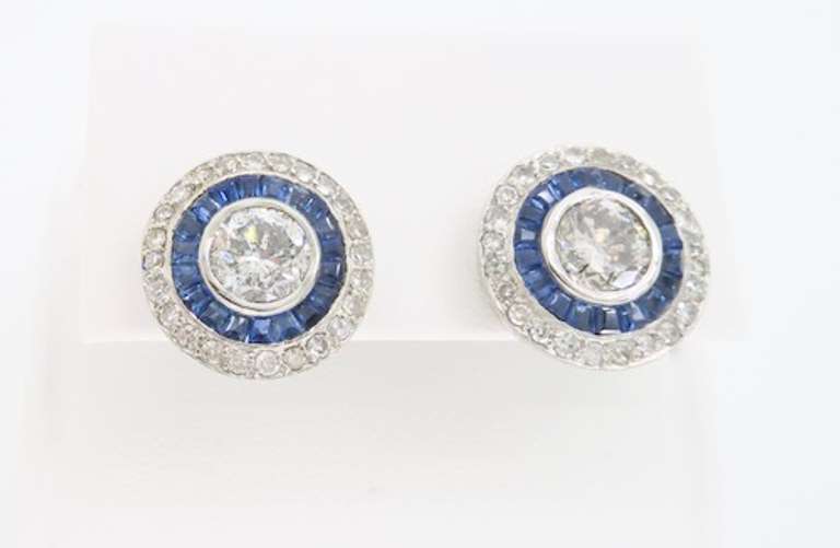 Vintage Blue Sapphire & Diamond Halo Earrings in Platinum