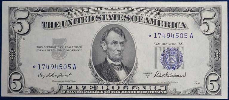 Series 1953A $5 Silver Certificate Star Note, Uncirculated.