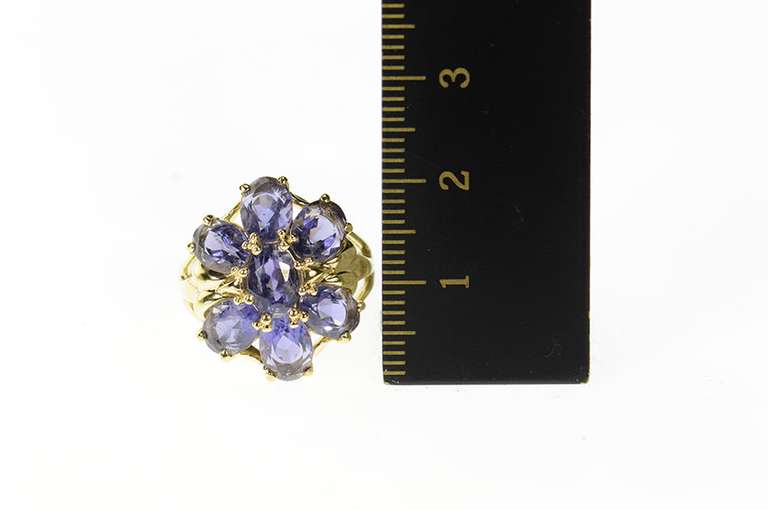 14K Yellow Gold Oval Iolite Flower Cluster Cocktail Ring