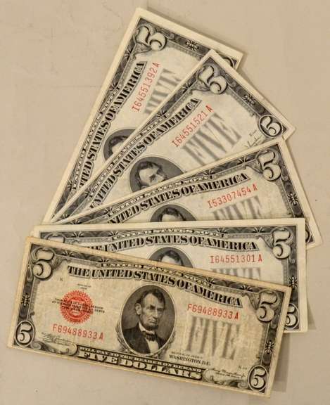 5 1928 C &1928 F Red Seal US Notes