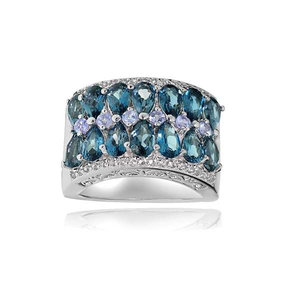 Sterling Silver Tanzanite, London Blue and White Topaz 2-row Ring