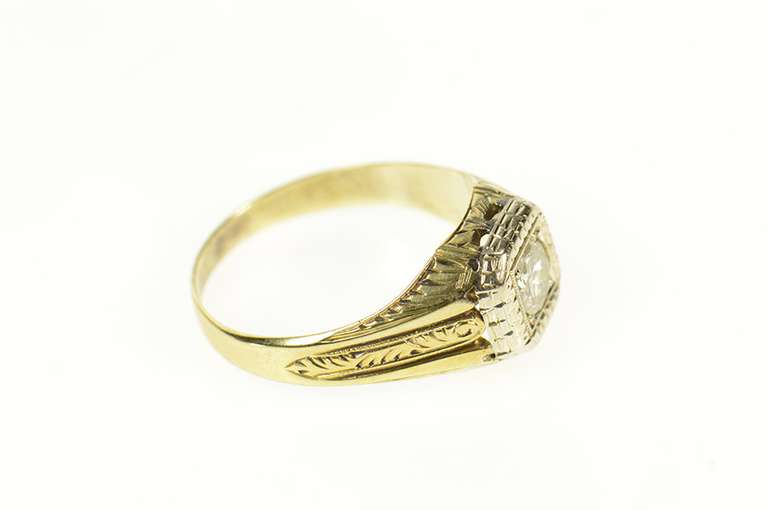 14K Yellow Gold 0.53 Ct Art Deco Etched Diamond Men's Ring