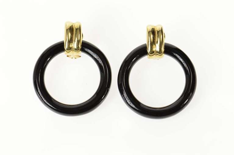 14K Yellow Gold Round Carved Black Onyx Door Knocker Earrings