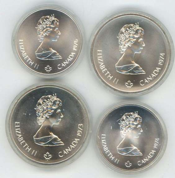 4 Gem BU 1976 Canada $5 and $10 SILVER Olympic Coins. Capsules