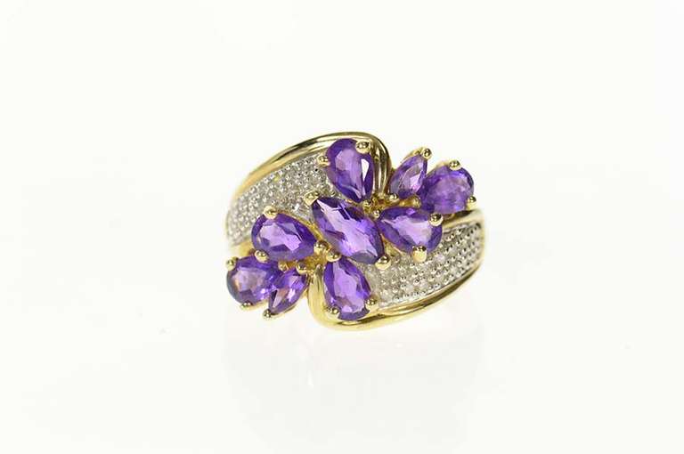 10K Yellow Gold Pear Amethyst Cluster Diamond Bypass Ring