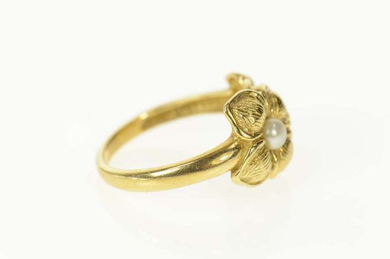 14K Yellow Gold Pearl Dogwood Flower Ornate Statement Ring