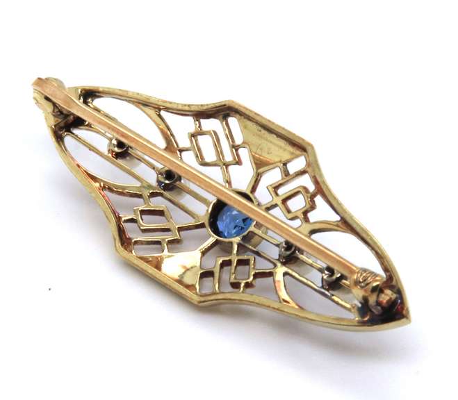 Antique 14kt Yellow Gold Blue Sapphire and Pearl Brooch