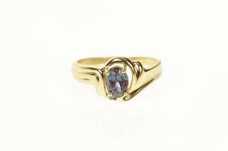 14K Yellow Gold Oval Syn. Alexandrite Diamond Accent Wavy Ring
