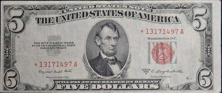 Series 1953-B $5 United States Note *Star* Note, Circulated. FR1534*