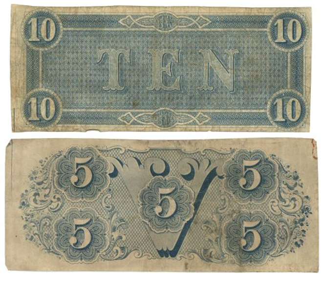 1864 $5 & $10 Confederate States of America Notes (T-68)