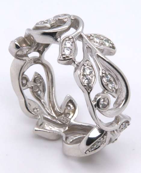 Sterling Silver Leaf Design Cubic Zirconia Band