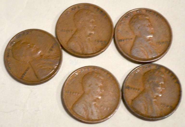 5 1909 VDB Type Lincoln Cents