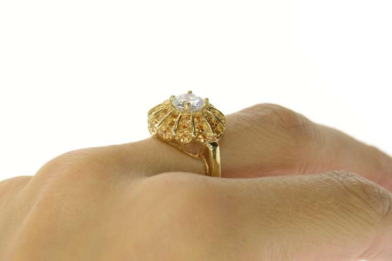 10K Yellow Gold Ornate Round Citrine Halo CZ Cocktail Ring