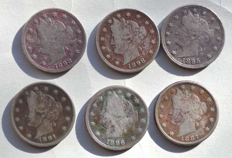 6 Red Near Full /Full Liberty V Nickel Lot
