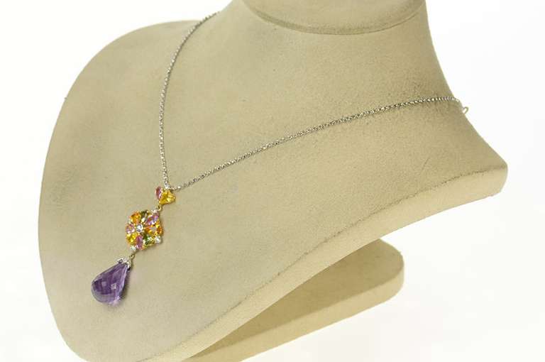 18K White Gold 19.11 Ctw Amethyst Drop Sapphire Diamond Necklace