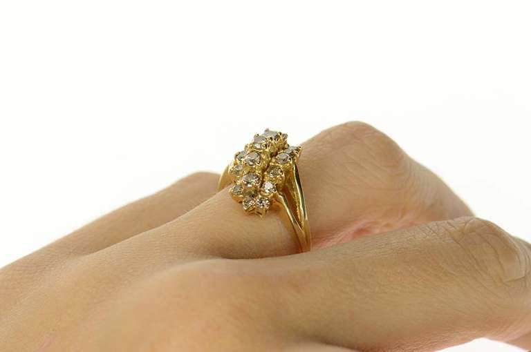 14K Yellow Gold Diagonal Diamond Cluster Bypass Statement Ring