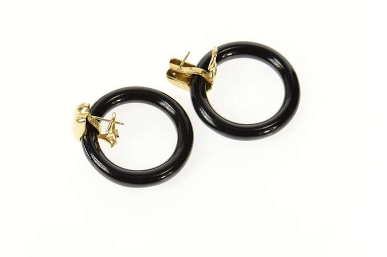 14K Yellow Gold Round Carved Black Onyx Door Knocker Earrings