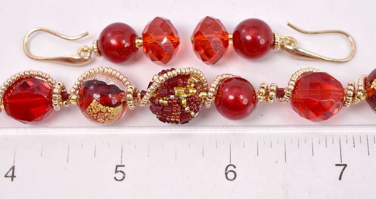 Fabulous Set of Italian Made, Hand Blown Art Glass and Gold Leaf Overlays Bracelet and Earrings