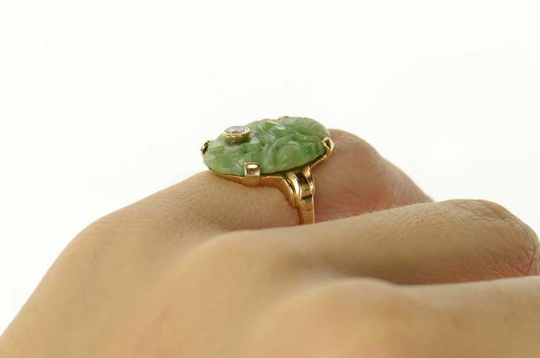 14K Yellow Gold Ornate Carved Floral Jade Diamond Cocktail Ring