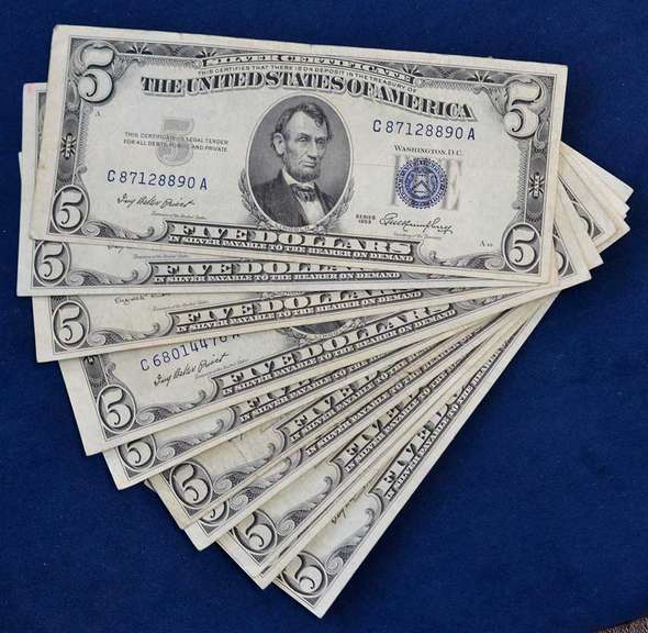 Lot Of 10 $5 Silver Certificates, Circulated.