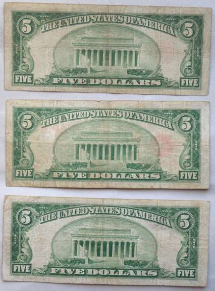 3 1928 Series Red Seal $ 5 US Notes