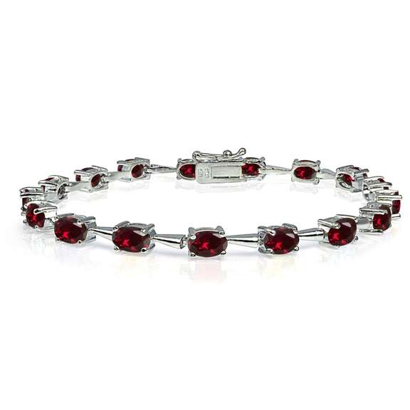 Sterling Silver Created Ruby 6x4mm Oval Classic Link Tennis Bracelet