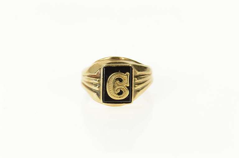 10K Yellow Gold Art Deco C Monogram Black Onyx Initial Ring