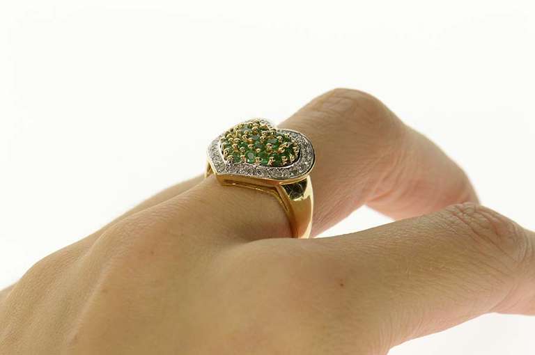 10K Yellow Gold Pave Emerald Diamond Halo Heart Cocktail Ring